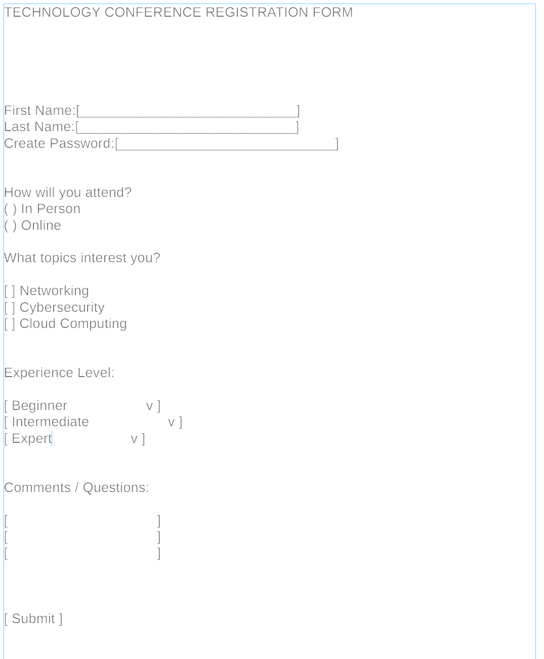 Wireframe of technology conference registration form